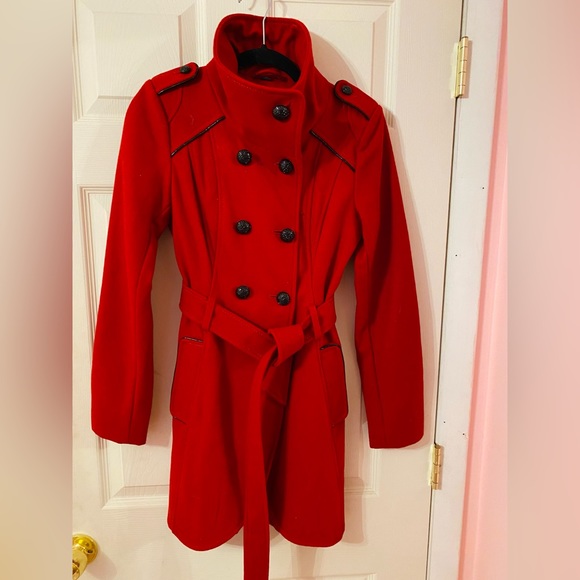 Nwt NEW Guess Red Wool Coat XS Button up winter pea tie belted peacoat jacket - Picture 6 of 15
